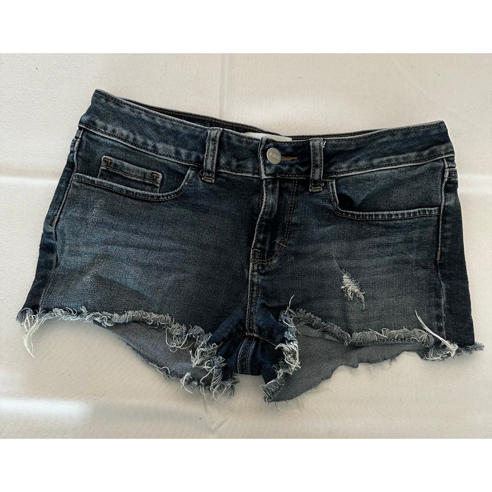 PINK Victoria's‎ Secret Denim Shorts 2 Dark Wash Distressed Raw Hem Low Rise